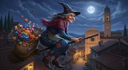 Christmas Witch Flying Over Italian Village Delivering Gifts Under Full Moon Night Sky