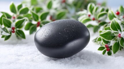 A macro studio shot featuring a smooth, wet, black basalt massage stone resting on sparkling white snow, framed by soft-focus variegated green holly leaves and red berries, creatin
