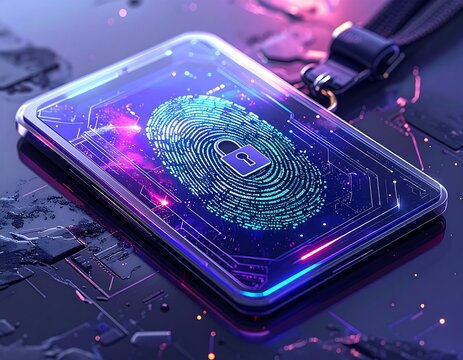 Futuristic digital ID badge with glowing fingerprint and padlock - Powered by Adobe