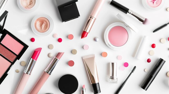 High-Definition Luxury Cosmetics Still Life on White Background &ndash; Minimalist Makeup & Skincare Product Photography for Branding, E-Commerce & Design Projects. Featuring premium lipsticks, liquid found