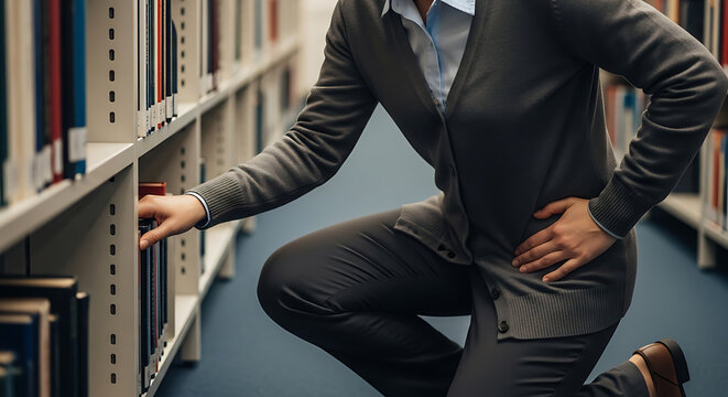 Crouching person reaching for book on library shelf, focused on research and learning in an academic setting.