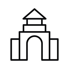 Simple black outline icon of a traditional architectural structure featuring an arched doorway and a distinctive pointed roof illustration