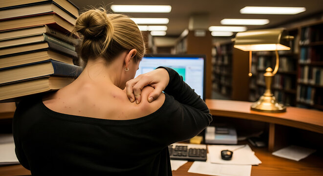 Overwhelmed student with heavy books and sore shoulder studying at a library computer