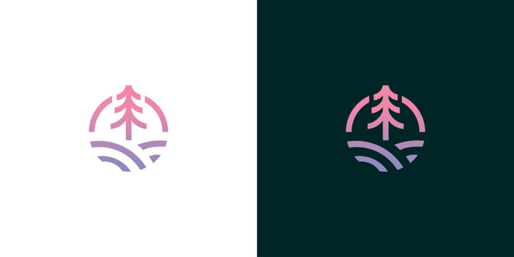 Circular pine tree and undulating landscape logo design in a minimalist style with gradient color palette