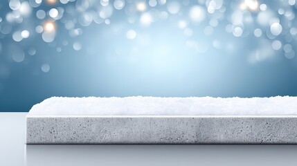 Textured concrete stone podium covered in white fluffy snow, illuminated by shimmering blue and white festive bokeh lights on a cold winter gradient background, ideal for product d