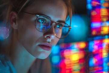 Young Woman with Glasses Contemplating Financial Data on Screen
