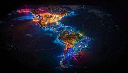 Creative Conceptual Artwork of the Americas Reimagined as a Colorful Glowing Puzzle Map

