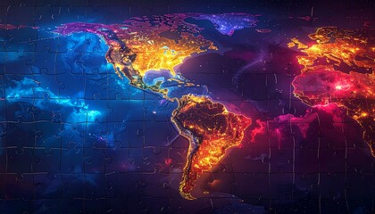 Vibrant Glowing Puzzle Continent Artwork Featuring a Conceptual Map of the Americas
