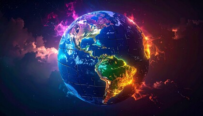 Unity and Diversity Concept Shown in a Colorful Glowing Puzzle Map of the Americas
