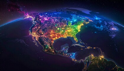 Colorful Conceptual Map of the Americas Formed as a Glowing Puzzle Artwork

