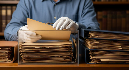 Archivist in white gloves carefully preserving historical documents in an archive or library setting.