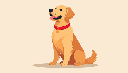 Illustration of a golden retriever sitting with a red collar and tag, tongue out, against a beige background.