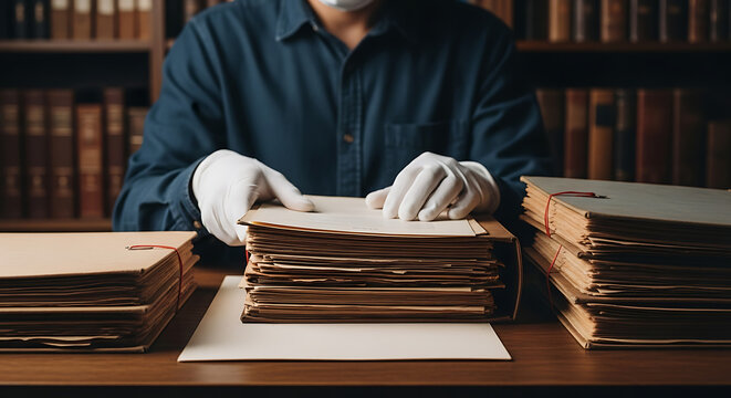 Archivist in white gloves carefully examines historical documents and vintage records in a library archive.