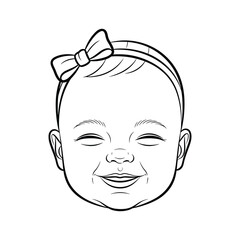 Smiling baby girl's face in line art illustration with bow headband, joyous infant vector