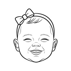 Smiling baby girl face line art illustration with a cute bow headband, simple contour vector graphic