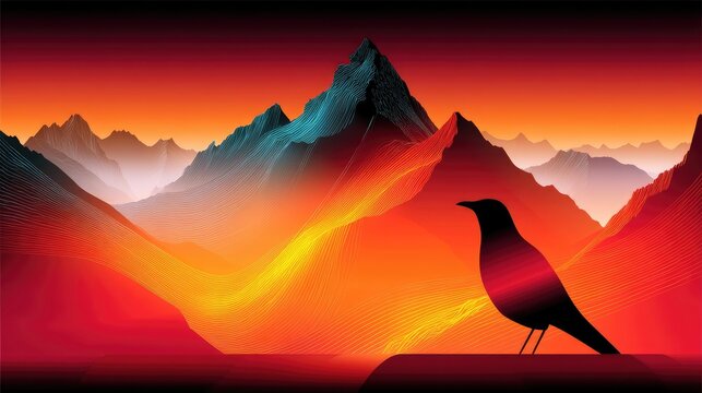 A black silhouette of a bird stands on a dark rock in the foreground, facing right. Behind it, a stylized mountain range stretches across the horizon, rendered - Powered by Adobe