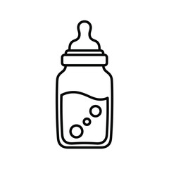 Baby bottle outline icon with liquid and bubbles; nursery feeding accessory illustration