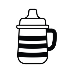 Sippy cup line art illustration, baby bottle with handle and stripes, infant feeding equipment