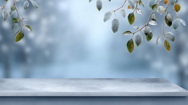 Empty snowy table surface with hanging branches of leaves covered in glistening frost, set against a blurred pale blue winter bokeh background perfect for product display.