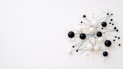 A network of interconnected black and white spheres of varying sizes, arranged on a clean white background. Thin grey lines connect the spheres, creating a comp