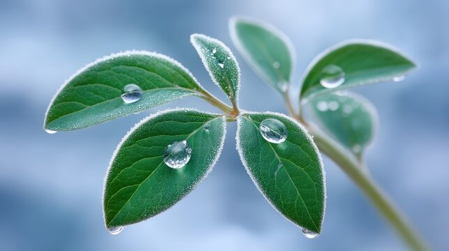 Extreme close-up macro shot of vibrant green leaves dusted with white frost, holding large, sparkling clear water droplets against a soft, icy blue bokeh background. - Powered by Adobe