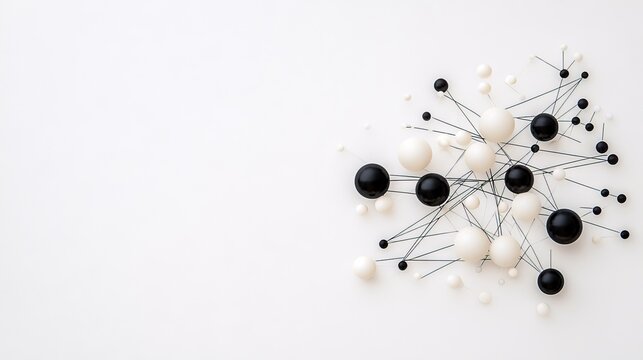 A network of interconnected black and white spheres of varying sizes, arranged on a clean white background. Thin grey lines connect the spheres, creating a comp