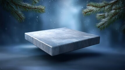 3D render of a floating icy blue marble podium or product stage set against a dark, snowy winter background framed by frosty pine tree branches, ideal for festive and seasonal prod
