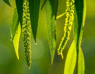 Naklejka premium Close-up of willow leaves and catkins, bathed in sunlight. Focus on the delicate textures and vibrant green hues against a soft, blurred background