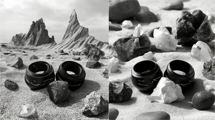 Three black cylindrical objects with patterned surfaces are placed on a sandy surface, surrounded by rocks and crystal formations. In the background, dramatic r