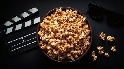 Bowl of buttery popcorn with film clapperboard and sunglasses on black