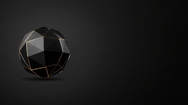 Abstract 3D rendered matte black polyhedron sphere with gold edges. Luxury geometric primitive shape with copy space. - Powered by Adobe