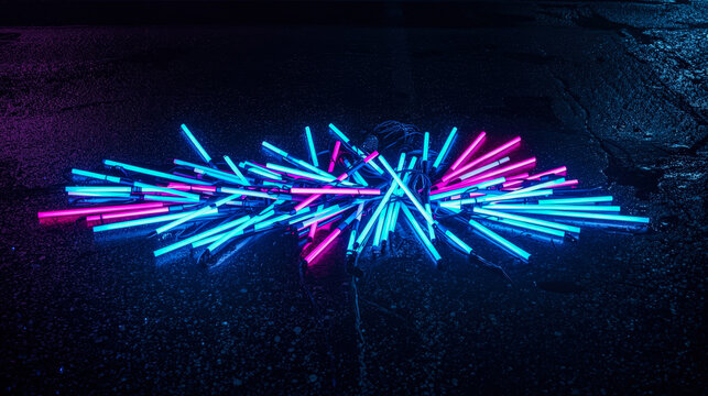 Chaotic pile of glowing cyan and magenta neon light tubes on dark rocky ground. 3D rendered cyberpunk and synthwave texture.