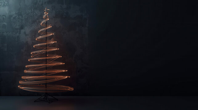 Minimalist wireframe Christmas tree with glowing red lights on dark grunge concrete. Industrial holiday concept with copy space.