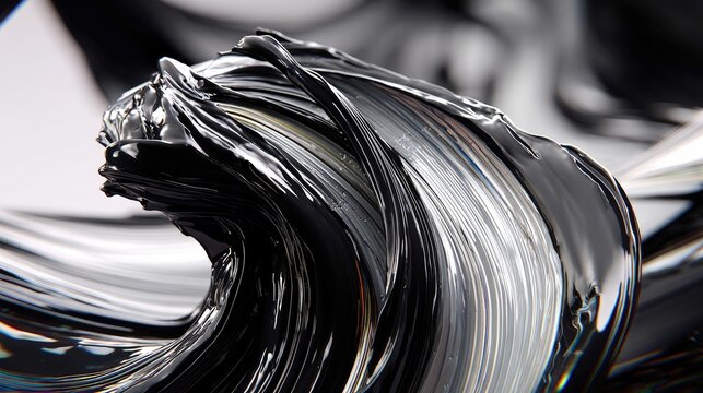 A close-up, abstract macro shot of a black, viscous liquid or material, with a glossy, reflective surface, swirling and twisting into a wave-like form against a - Powered by Adobe