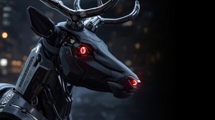 Close-up side profile of a high-tech mechanical reindeer with black armor and glowing red eyes. Dark futuristic sci-fi concept with blurred city background.
