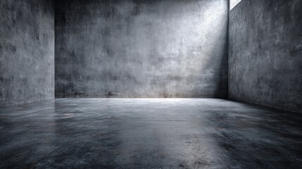 A minimalist concrete room with textured walls and a polished floor, illuminated by a beam of light entering from a small opening.