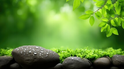 Close-up shot of dark, wet river stones covered with fresh water droplets nestled among vibrant green moss, set against a deeply blurred natural bokeh background of sunlight filter