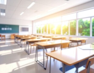 Fototapeta premium Bright, blurred classroom; rows of desks, green chalkboard