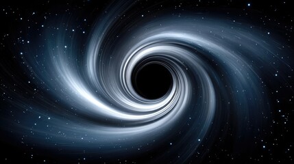 A depiction of a black hole in deep space, with swirling accretion disk and distant stars, rendered in dark blues and whites with a sense of cosmic energy.