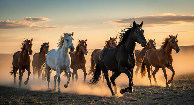 Wild Horse Run A breathtaking image of seven majestic horses galloping across a dusty landscape thei 31504600 1