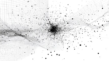 A dynamic abstract design featuring a burst of black dots and lines on a white background, evoking a sense of motion and energy.