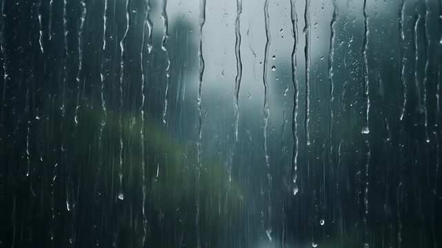Close-up view of raindrops streaming down a window during a rainy and moody atmosphere. Soft blue tones with blurred background create a peaceful, cinematic, and emotional ambiance.