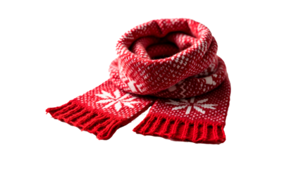 A cozy knitted red scarf with white snowflake patterns, neatly folded. Isolated on a transparent background.