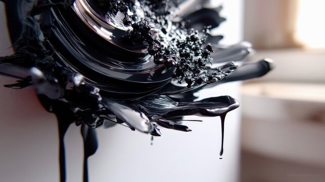 A close-up, abstract macro shot of viscous black paint forming organic, flower-like shapes with drips falling. The background is softly blurred, suggesting an i