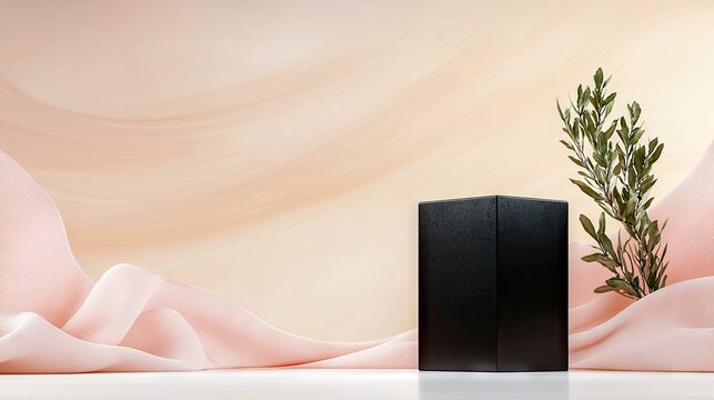 A minimalist scene featuring a black geometric pedestal, a sprig of green leaves, and flowing pink fabric against a soft, gradient background. The lighting is g