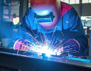 Welder with red helmet, sparks flying in factory
