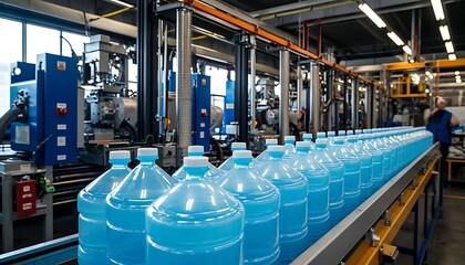Blue liquid bottles moving on a conveyor belt in a large industrial factory, showing modern manufacturing process