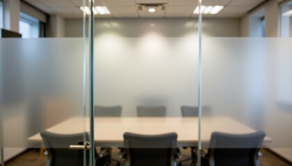 Modern conference room with frosted glass partitions and a large table.