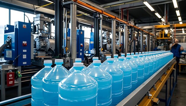 Blue liquid bottles moving on a conveyor belt in a large industrial factory, showing modern manufacturing process