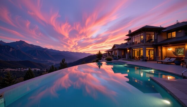 Luxurious villa with infinity pool reflecting vibrant sunset over mountains.